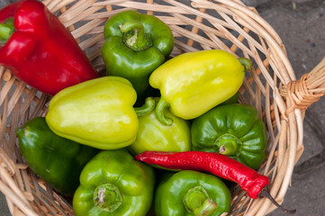 Autumn harvest: basket with yellow, red and green pepper