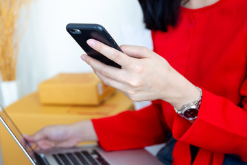 Young pretty girl shopping online by using smartphone and notebook computer.