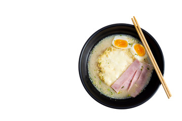 Ham cheese noodle with boiled egg close up.  Isolated on white background.