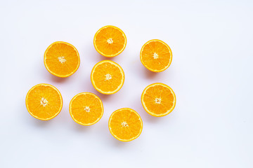 High vitamin C. Fresh orange citrus fruit  on white.
