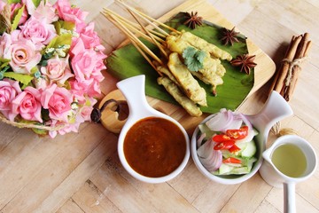 Grilled pork satay with sauce is delicious