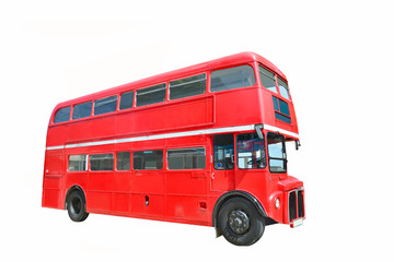 Rode bus geïsoleerd op een witte achtergrond, met uitknippad