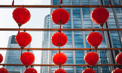 Modern Commercial Building close up with Chinese red lanterns on front