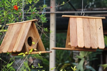 Wooden bird house with the nature