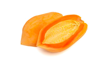 half cut ripe papaya seedless isolated on white background