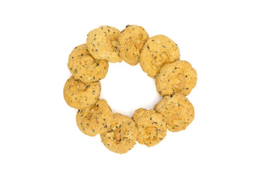 butter cookies with cashew nuts isolated on white background, top view