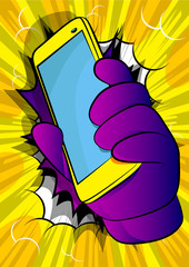 Vector cartoon hand holding a cell phone. Illustrated hand with smart phone on comic book background.