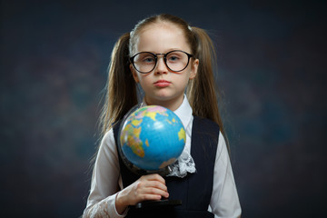 Blonde Little Schoolgirl Hold World Globe in Hand