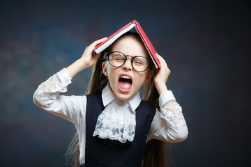 Cute Schoolgirl Shout Cover Head with Open Book