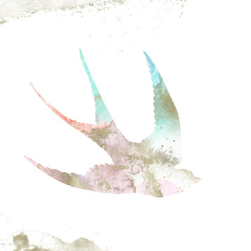 Watercolor Textured Bird - swallow / martlet composition with gold brush stroke. Unique collection for wedding invites decoration, logo and many other concept ideas.