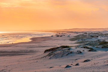 Cars parked on the beach right next to the water at sunset in Australia