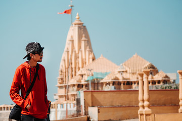 Man in front of Hindu temple in Somnath, India