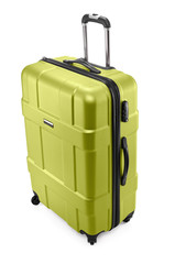 One light green modern travel suitcase with opened handle
