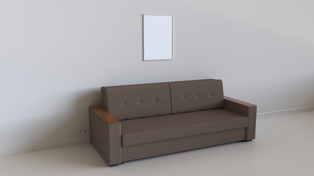Blank poster in the frame on the wall above sofa