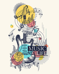 Electric guitar, roses and notes. Rock and roll poster. Zine culture style, contemporary collage. Symbol of rock festivals. Music my life slogan