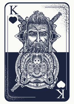 King playing card tattoo and t-shirt design. Viking and bear. Gothic symbol of gamblings, tarot cards, success and defeat, casino, poker