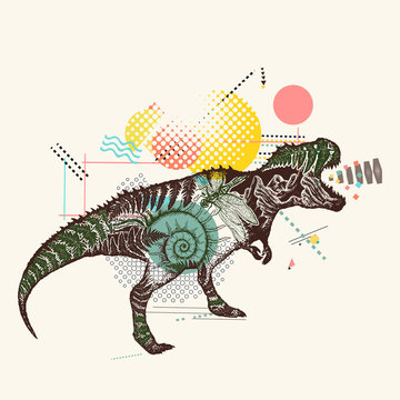 T-Rex dinosaur monster. Tyrannosaur double exposure. Symbol of education and science. Zine culture style, fashion contemporary collage