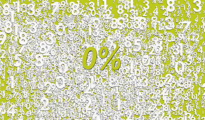 Colorful banner or poster design illustration with percentage on a background of numbers. Modern combination of olive and white colors. Percentage in number. Zero percent. 0