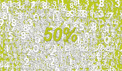 Colorful banner or poster design illustration with percentage on a background of numbers. Modern combination of olive and white colors. Percentage in number. Fifty percent. 50