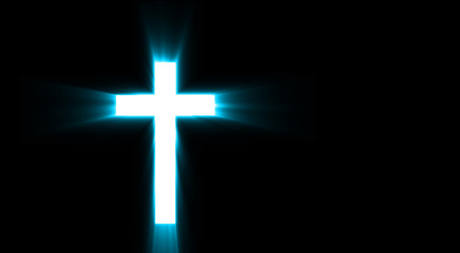 blue religioush cross with sun rays  shine on the dark  background