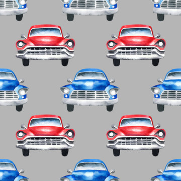 Hand painted watercolor oldtimer cars seamless pattern on grey background.
