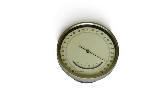 Barometer, a device for measuring atmospheric pressure, on a white background.