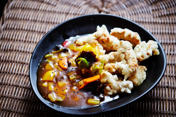 Sweet sour sauce with fried rice cake