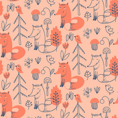 Vector seamless pattern with cute hand drawn fox in the forest.