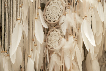 white dream catchers interior decor in boho style