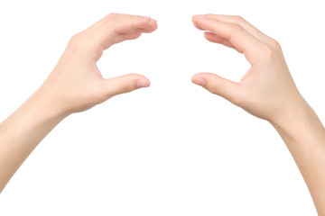 Hands gesture holding hamburger isolated with clipping path. - obrazy, fototapety, plakaty
