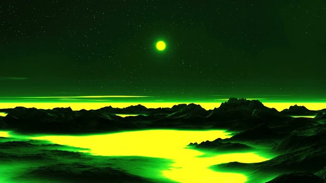 Toxic Planet. Bright sun quickly sets in a yellow mist. In the dark sky, a huge green planet. Low clouds float above the misty horizon. In the lowlands of the dark mountains is yellow-green fog.
