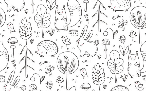 Vector seamless pattern with hand drawn wild forest animals,