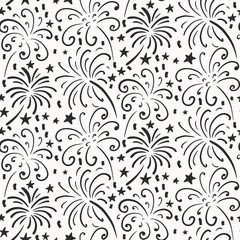 Black and white seamless pattern with hand drawn fireworks. Monochrome holiday vector endless background