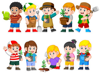 collection of kids holding young green plant