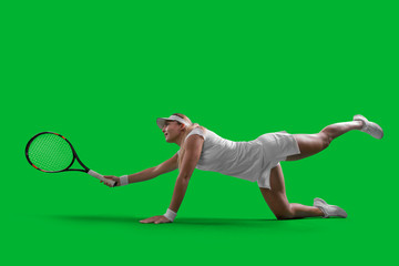 Girl tennis player on green background.