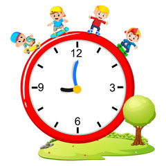Kids playing skateboard and roller skate on giant clock