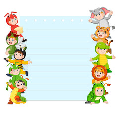 Obraz na płótnie Canvas Paper template with many kids wearing animal costume
