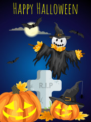A halloween Scarecrows with Happy Halloween text.