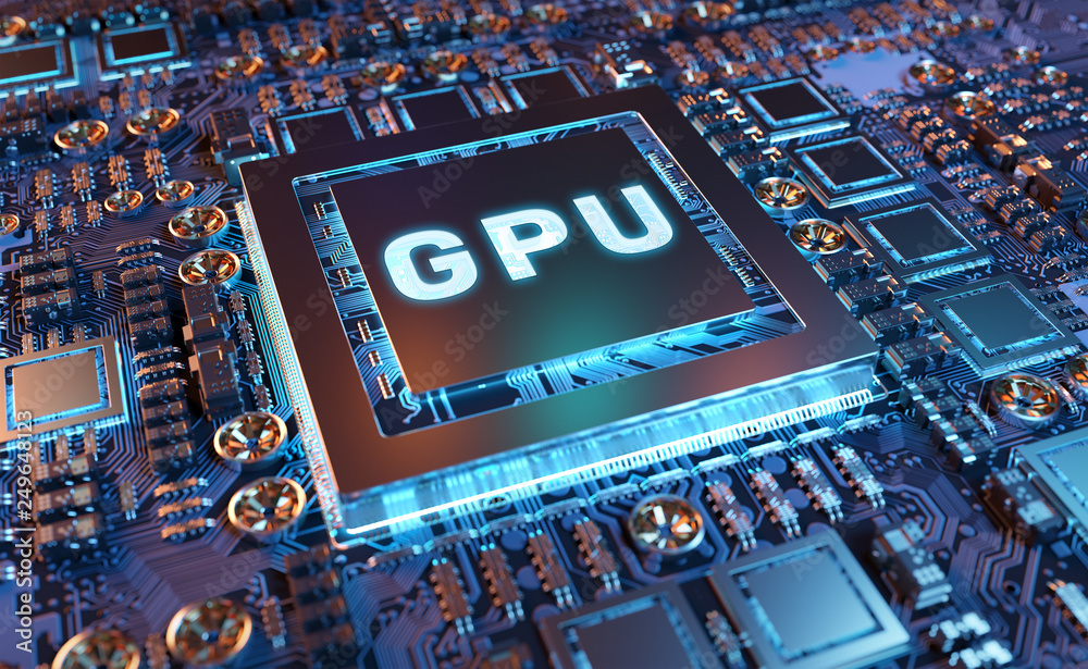 Fototapete Close-up view of a modern GPU card with circuit 3D rendering