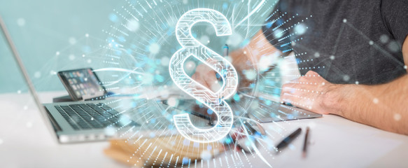Graphic designer using law paragraph digital hologram 3D rendering
