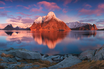 Famous tourist attraction on Lofoten Islands, Reine, Norway in autumn. Scenic fjord on Norway. Scandinavia