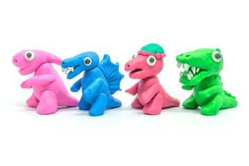 play doh Tyrannosaurus Spinosaurus Pachycephalosaurus Parasaurolophus on white background