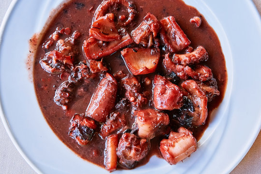 Octopus In A Red Wine Sauce Traditional Greek Cyprus Mediterranean Food Dish