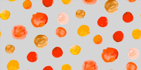 Seamless pattern with watercolour hand painted circles. Bright retro style abstract background in orange gold, red and grey color. Perfect for textile fabric, decorative paper or website wallpaper.