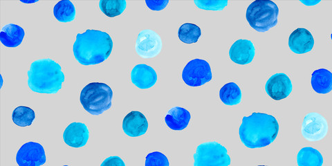 Seamless pattern with watercolour hand painted circles. Bright retro style abstract background in blue and grey color. Perfect for textile fabric, decorative paper or website wallpaper.