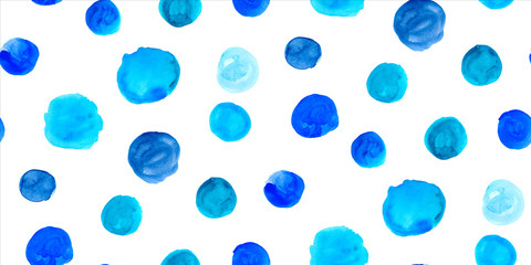 Seamless pattern with watercolour hand painted circles. Bright retro style abstract background in blue and white color. Perfect for textile fabric, decorative paper or website wallpaper.