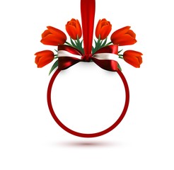 Obraz premium Vector frame banner with red realistic ribbon, bow and tulips flowers. Sale template background, label. Offer concept design. Greeting card. International Women's Day, Mother's day illustration