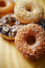 Donuts on wooden board 