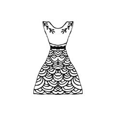 Black female dress guipure. Doodle. hand draw. Sketch. Vector illustration on isolated background