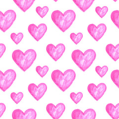 Fototapeta premium Seamless pattern with bright hand painted watercolor hearts. Romantic decorative background perfect for Valentine's day gift paper, wedding decor or fabric textile and design of romantic greetings.